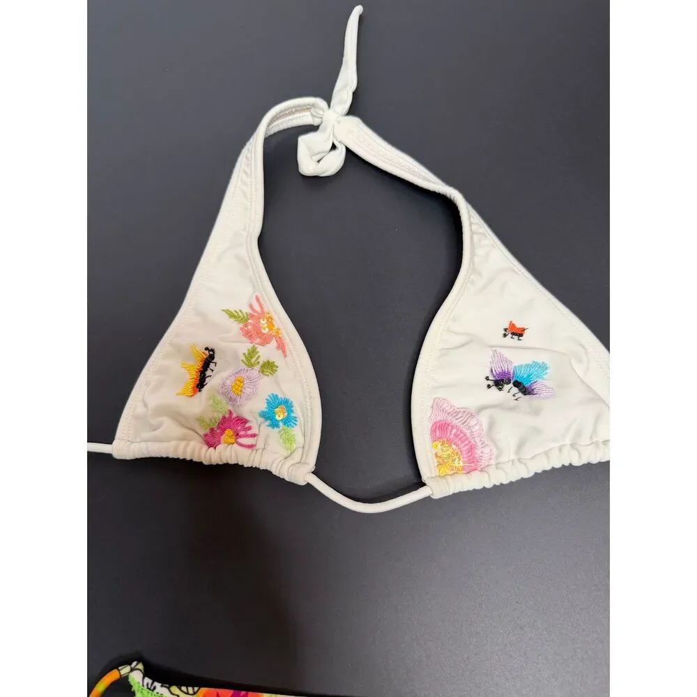 Brazilian Bikini Women's Size M Embroidered Sequin Halter Tie Side Two Piece